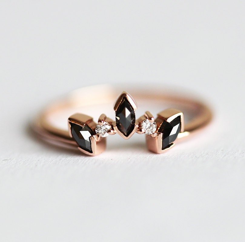 Black & White Diamond Ring Rose Gold, Unique Band For Her, Women's Wedding
