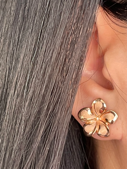 14K Karat Solid Rose Gold Hawaiian 16mm Plumeria Flower Stud Earrings Sandblast With A High Polished Edge