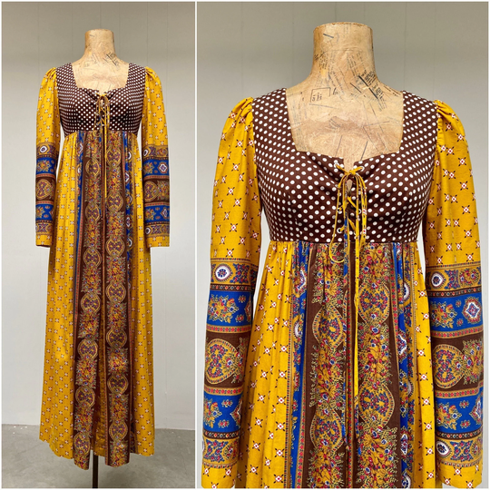 Vintage 1960S Puffed Sleeve Maxi Dress, Joseph Magnin Cotton Patchwork Peasant Empire Waist Boho Festival Gown, Extra Small 32" Bust