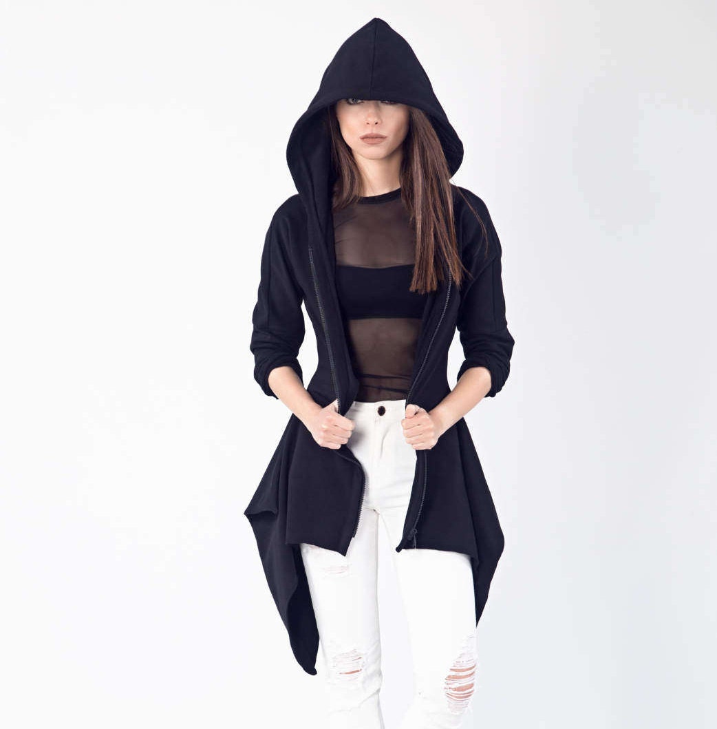 Black Hooded Asymmetrical Sweatshirt