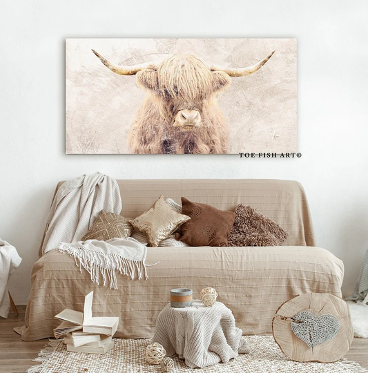 Highland Cow Canvas Print Modern Farmhouse Wall Decor Primitive Boho Vintage Living Room Large Cattle Company Rustic Scotland Distressed