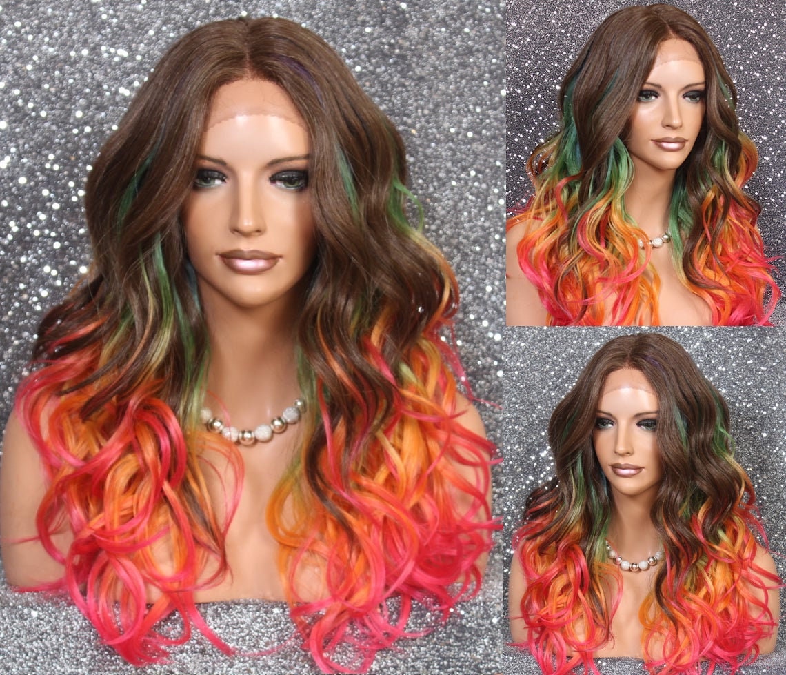 Rainbow Human Hair Blend Lace Front Wig Cneter Part Long Wavy Brown Pink Orange Etc. Party Cosplay Drag Cancer Alopecia Theater Emo