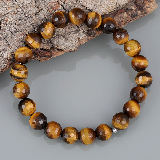 Faceted Round Tiger Eye Bracelet Natural Beads Handmade Beaded Healing Bracelet, Crystal Gift For Her