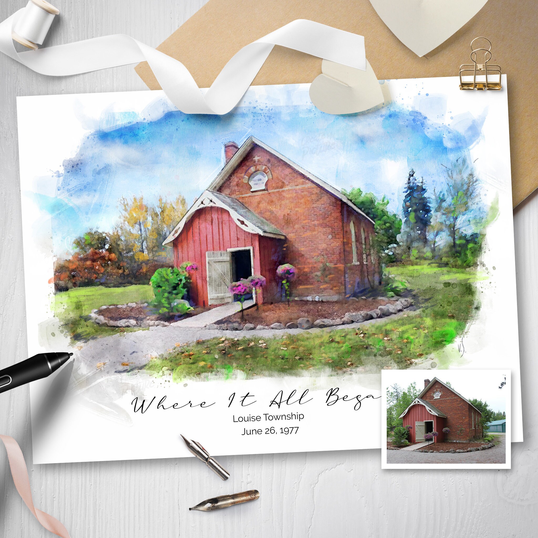 Custom Church Portrait, Wedding Venue Illustration From Photo, Watercolor, Building Anniversary Gift