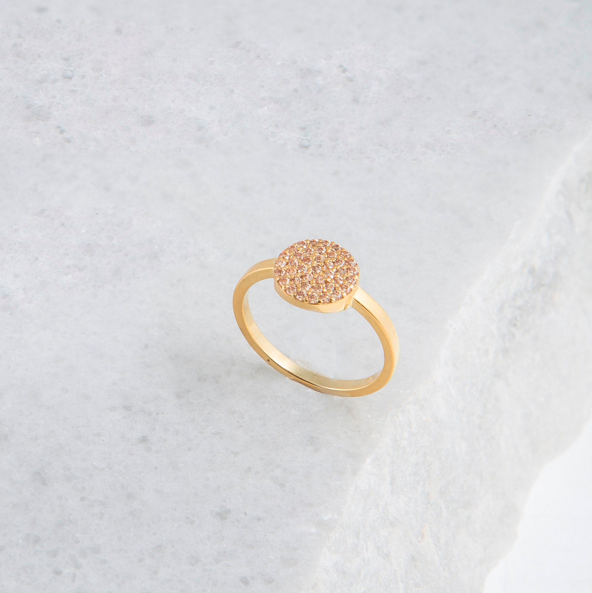 Round Cluster Disc Ring-Pave Brown Diamond Ring-Dainty Signet Gold Ring-14K Engagement Ring