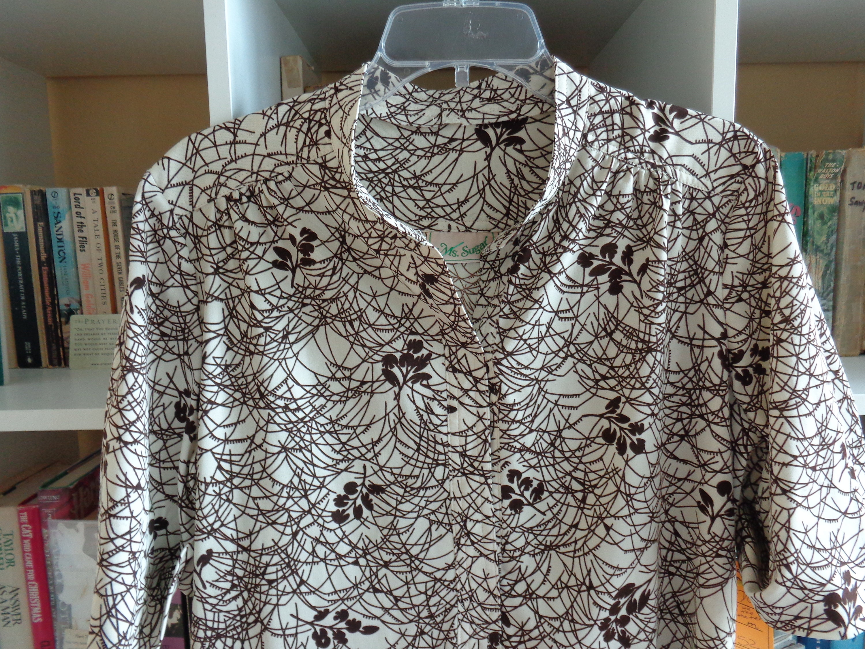 Ms. Sugar 1970's Dress Polyester Blend Brown & White Abstract Print Belted