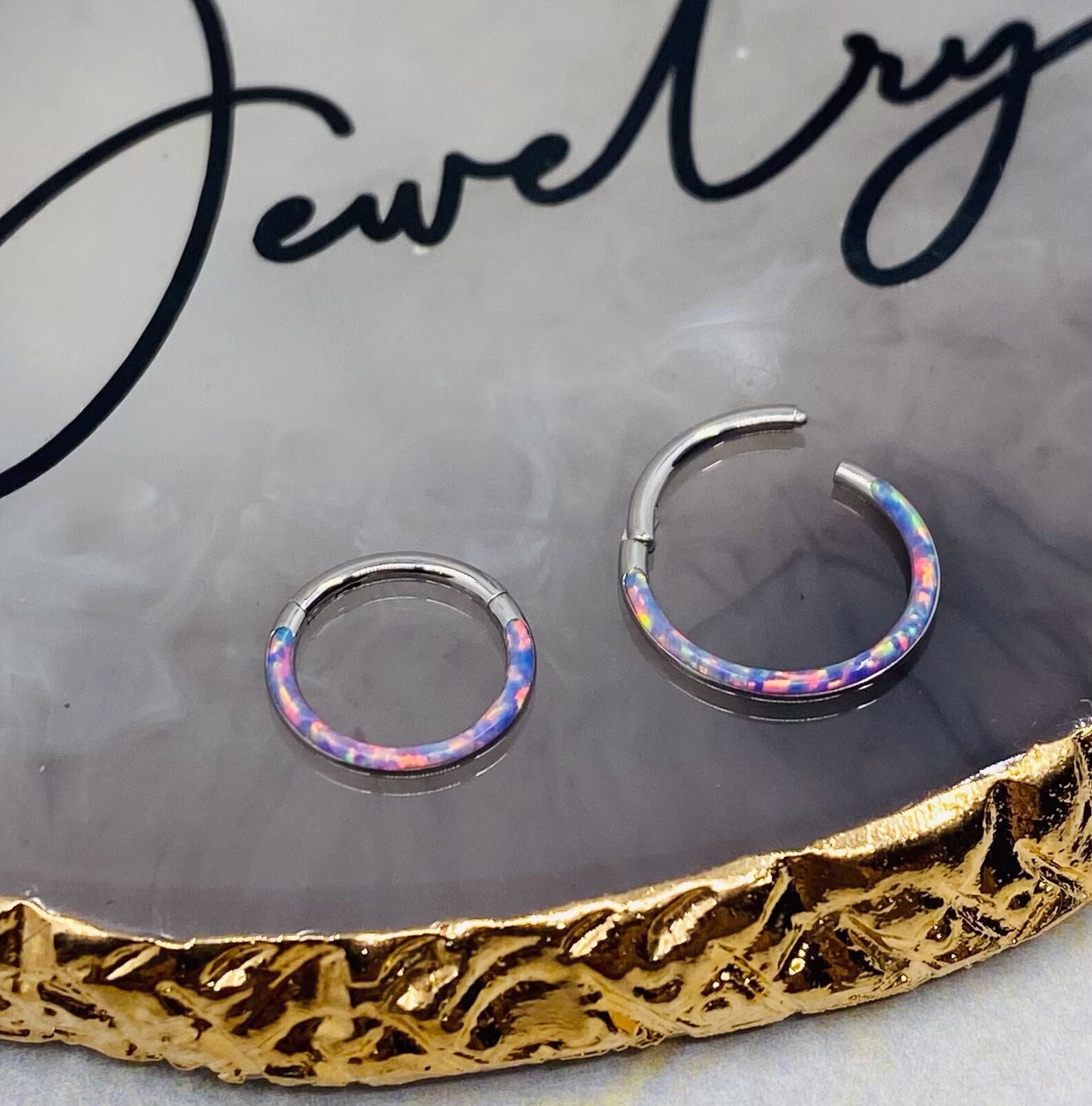 16G Surgical Steel Pink Opal Inlay Front Facing 10mm/8mm Septum Clicker Ring. Piercing. Nose
