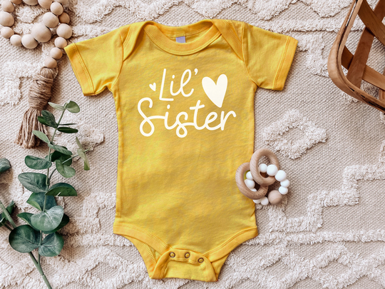 Lil' Sister Heart Bodysuit For Baby Girls Sibling Outfits Little Gender Reveal & Announcement Take Home Outfit