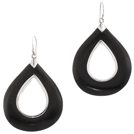 1 3/4" Exotic Sono Wood Teardrop Hoop 925 Sterling Silver Earrings