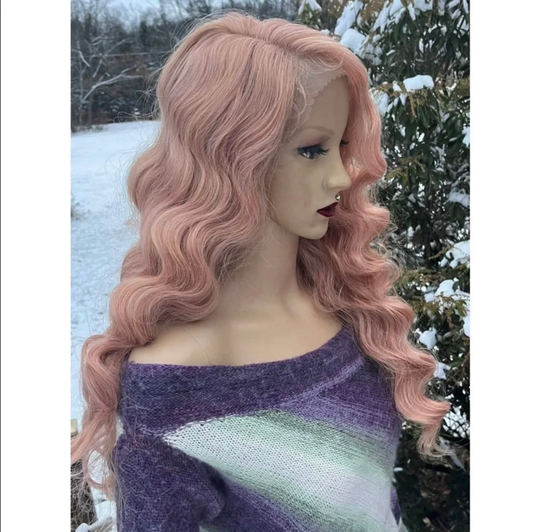 Long Wavy Peach Human Hair Blend Front Lace Daily Wig./Cosplay Party
