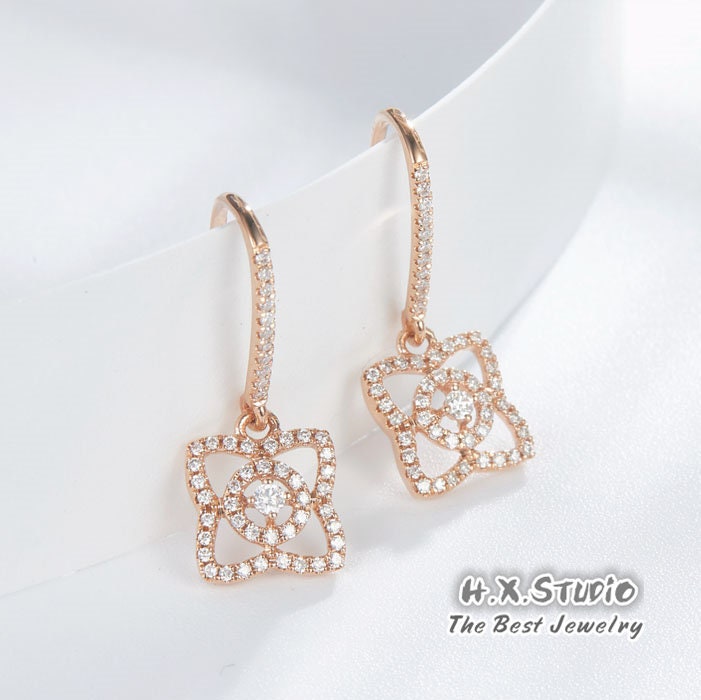 Hx Jewelry | Diamond Quatrefoil Lucky Clover Dangle Earrings in Solid 18K Gold, Custom Fine Jewelry. Personalization Design, Gift For Her