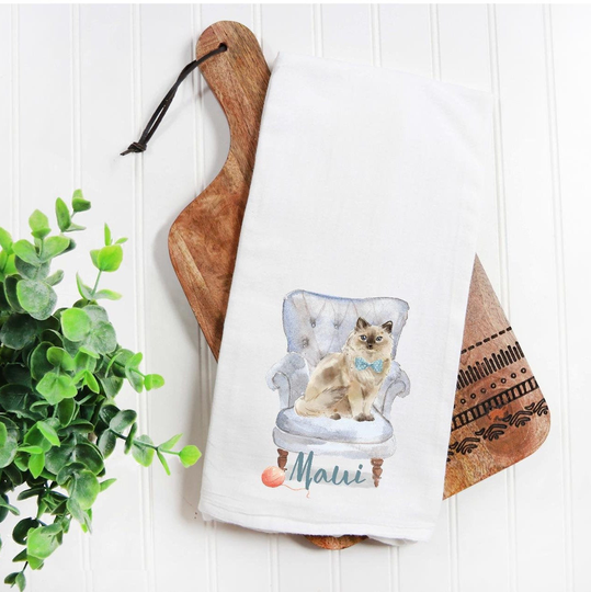 Custom Ragdoll Cat Flour Sack Towel, Tea Gift, Cat Mom, Dad, Personalized Name, Pet Name Watercolor Portrait