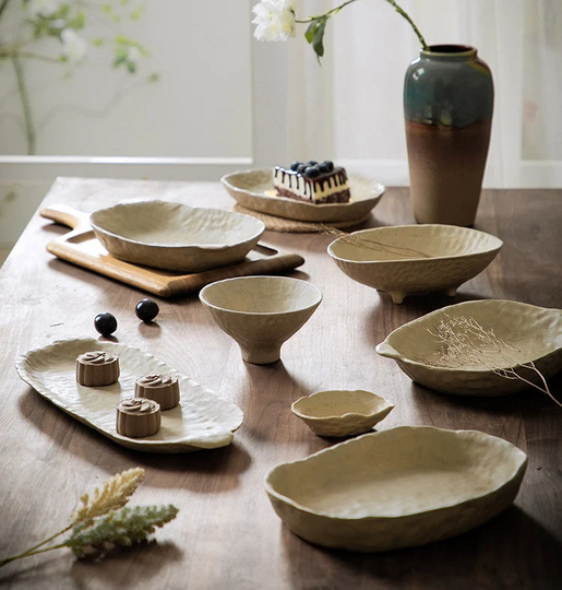 Handmade Japanese Ceramic Dinnerware-Asian Style Irregular Shape Dishware-Stoneware Japandi Tableware-Steak/Pasta/Salad/Fruit Bowl