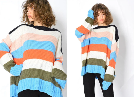 Y2K Colourful Striped Mohair Wool Blend Slouchy Jumper Size M