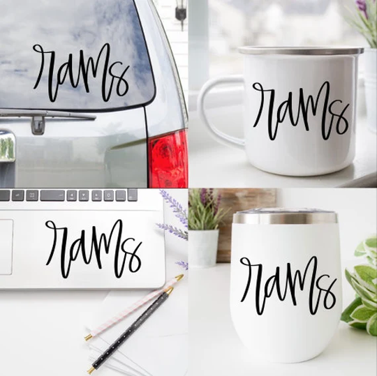 Rams Decal, School Mascot Coffee Mug Helmet Wine Glass Laptop Car Vehicle Decal