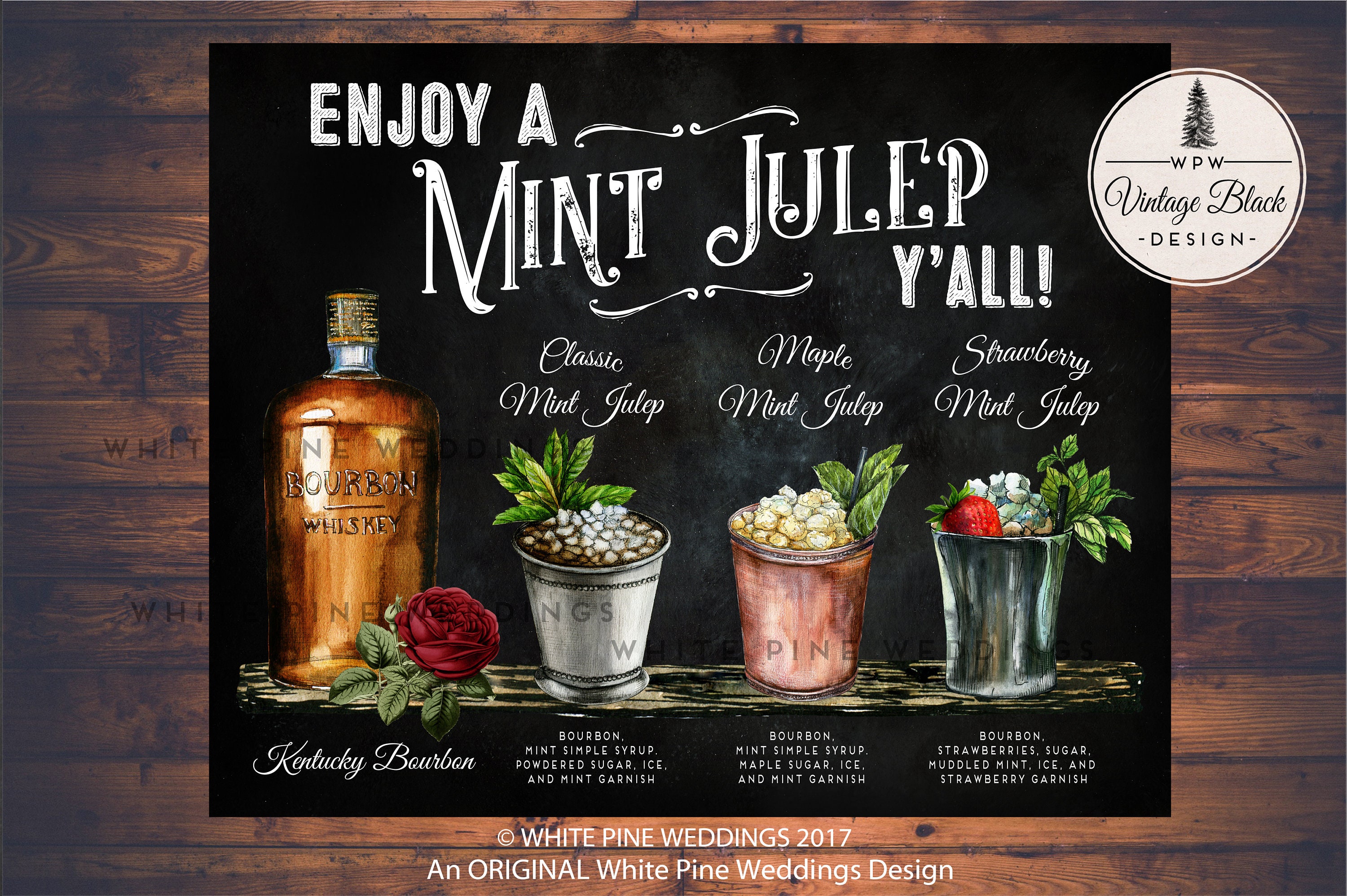 Mint Julep Drink Sign, Kentucky Derby Bar Sign, Cocktail, Party, Red Roses, Shiplap