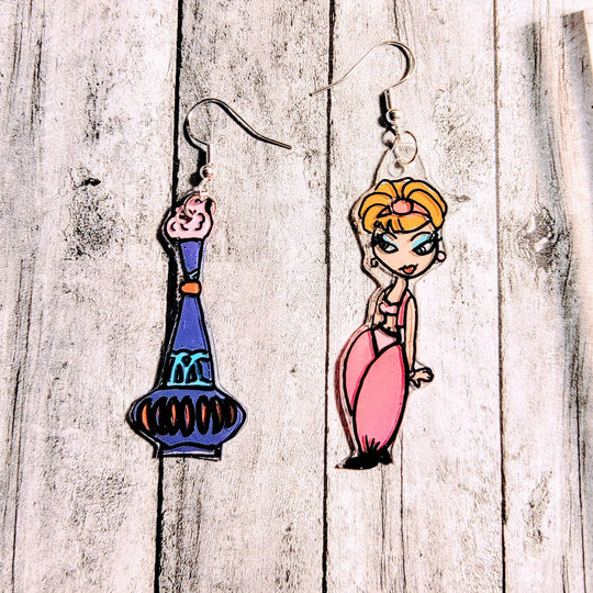 I Dream Of Jeannie Earring Set. & Her Bottle Genie in A Earrings. 60S Tv Show Shrinky Dink