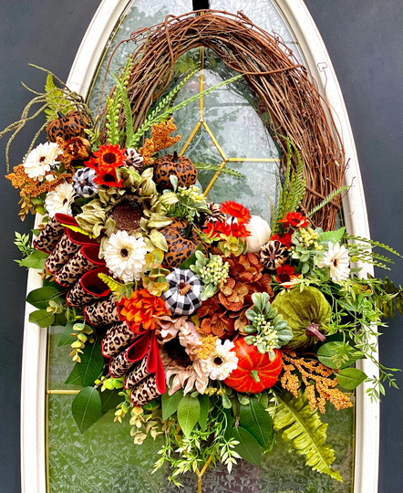 Rustic Front Door Decor, Fall Oval Wreath, Grapevine, Floral Pumpkin Cheetah Style Sunflowers