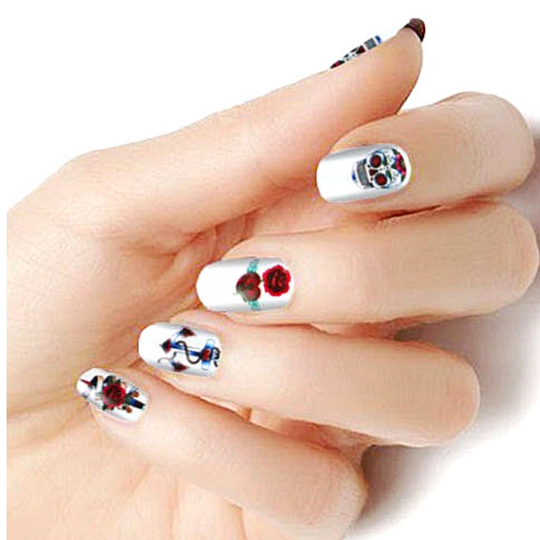 Halloween Red White Skulls & Roses Color Wraps Real Nail Polish Strips M185 Street Art