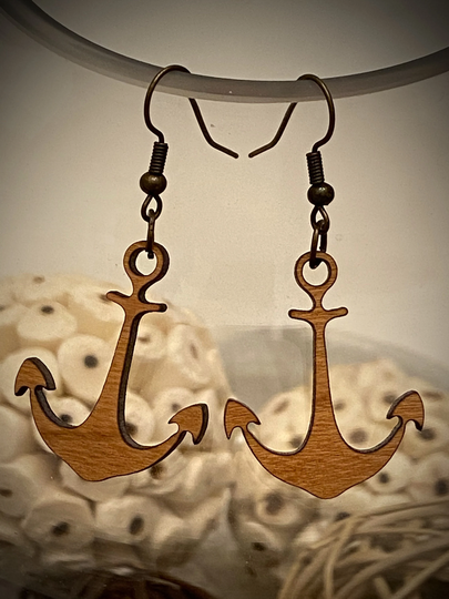 Cherry Wood Anchor Nautical Earrings