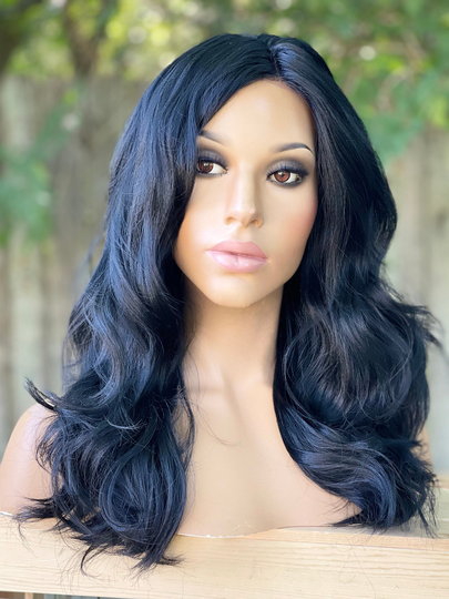 Human Hair Blend Wig 1B Off Black Long Wavy 4x4" Multi-Parting Lace Front Wig Layered 18"