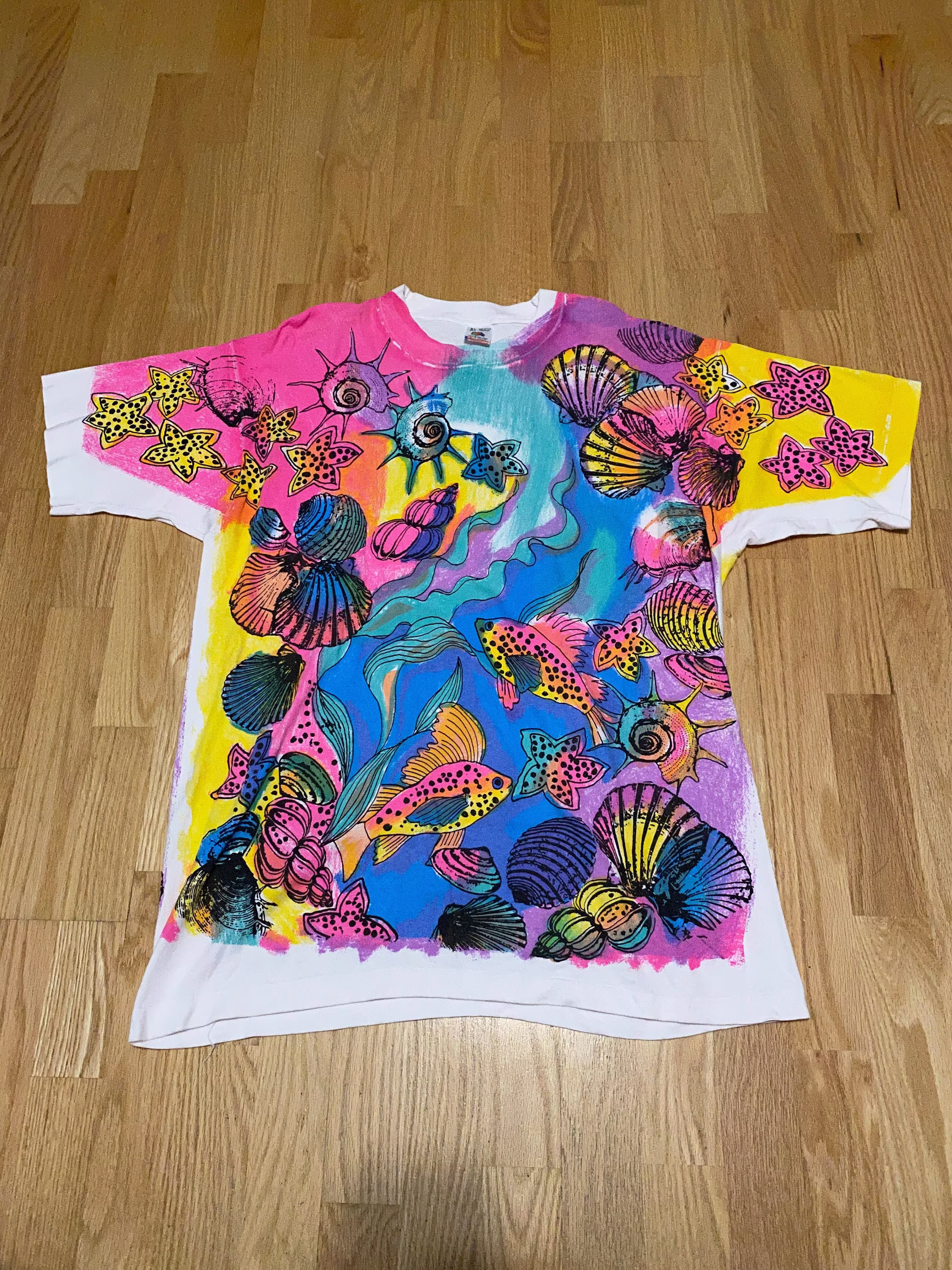 Vintage 90S Sea Life White Multi Color All Over Print Single Stitch Short Sleeve T Shirt Size Xl