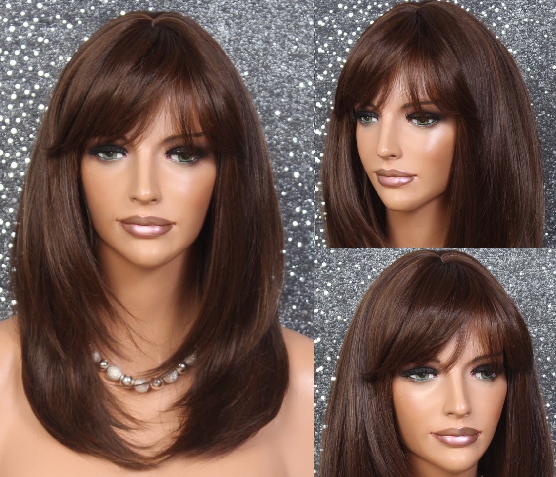 Brown Auburn Mix Human Hair Blend Heat Safe Wig Full Bangs Face Framing Straight Long Cancer Alopecia Theater Cosplay