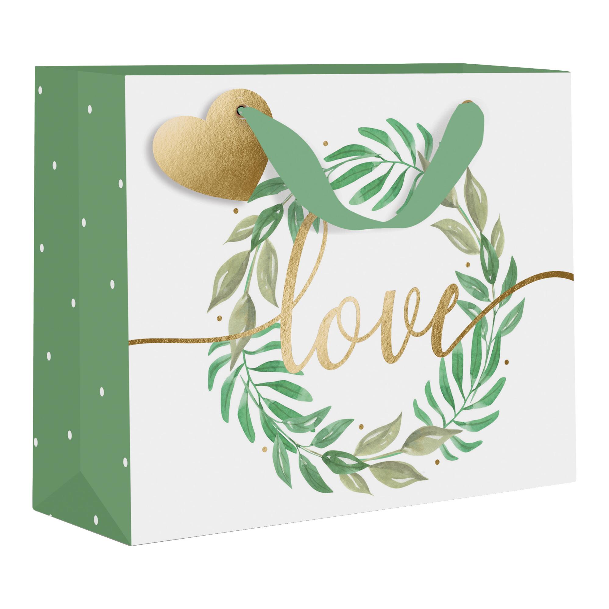 Large Love And Eucalyptus Gift Bag: Green/White/Gold - Paper by World Market