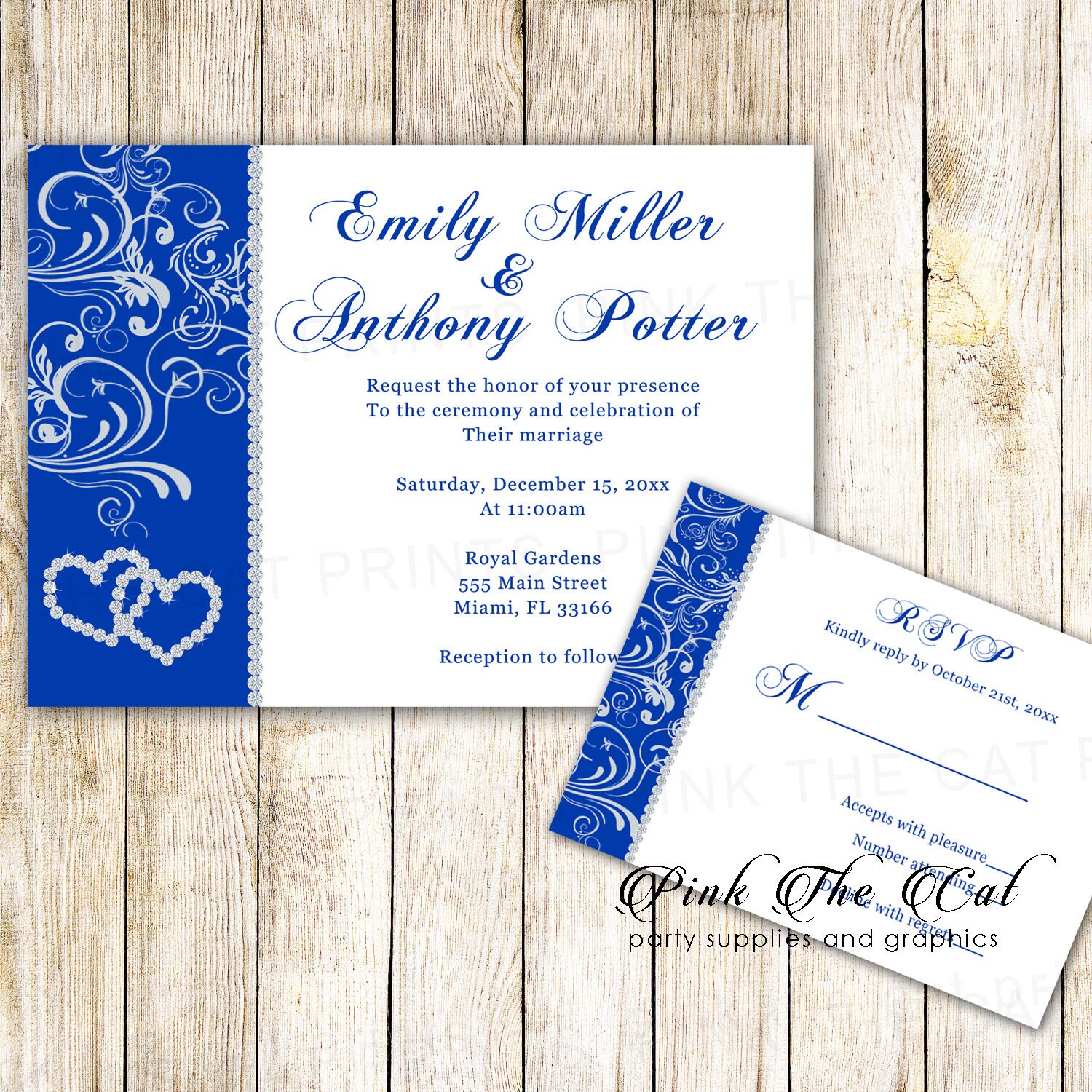 Rhinestone Hearts Wedding Invitation - Silver Royal Blue Printable Invite With Rsvp Card