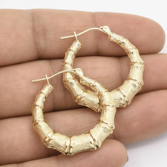 1 1/4" 30mm Graduated Diamond Cut Bamboo Hoop Earrings Real 10K Yellow Gold