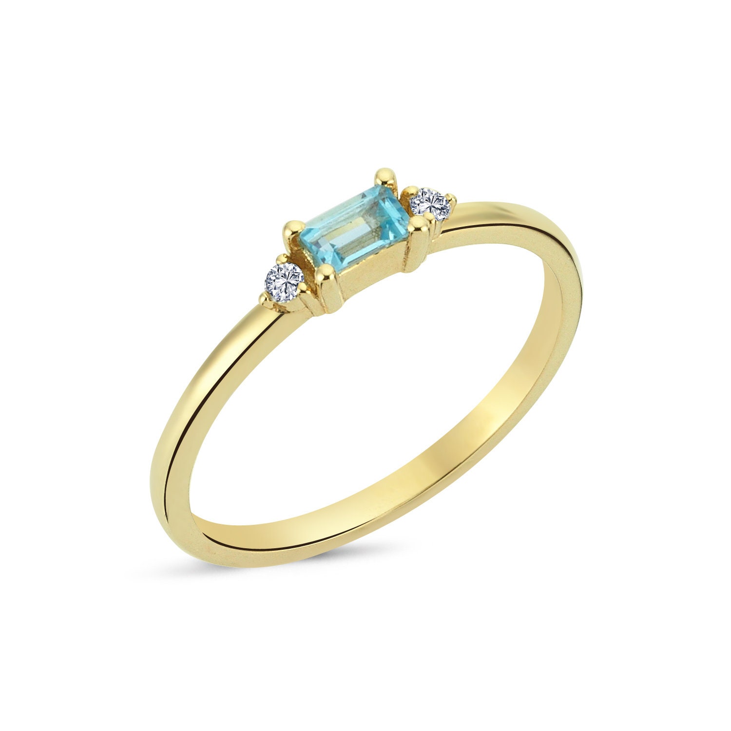 Baguette Blue Topaz Ring With Side Diamonds, 14K Gold Genuine Ring, Three Stone Colored Gemstone December Birthstone