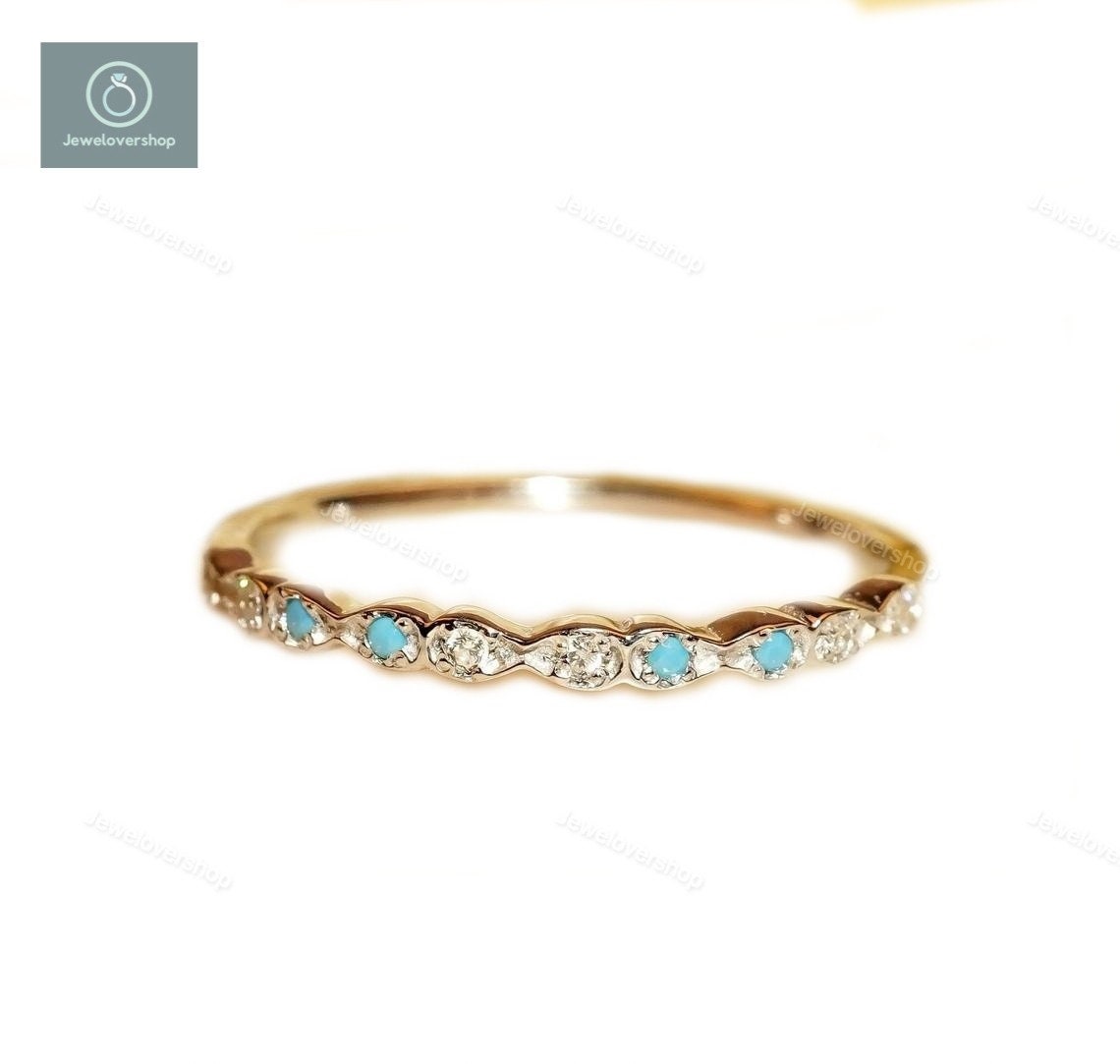 14K Gold Ring, Art Deco Turquoise Wedding Diamond Stackable Dainty Matching Band, Sterling Silver
