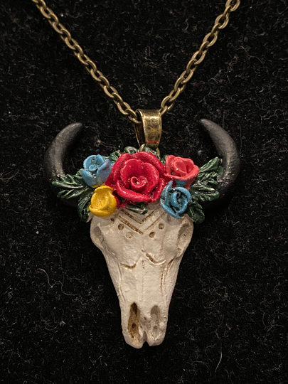 Bull Skull, Floral, Pendant, Antique Bronze, Necklace