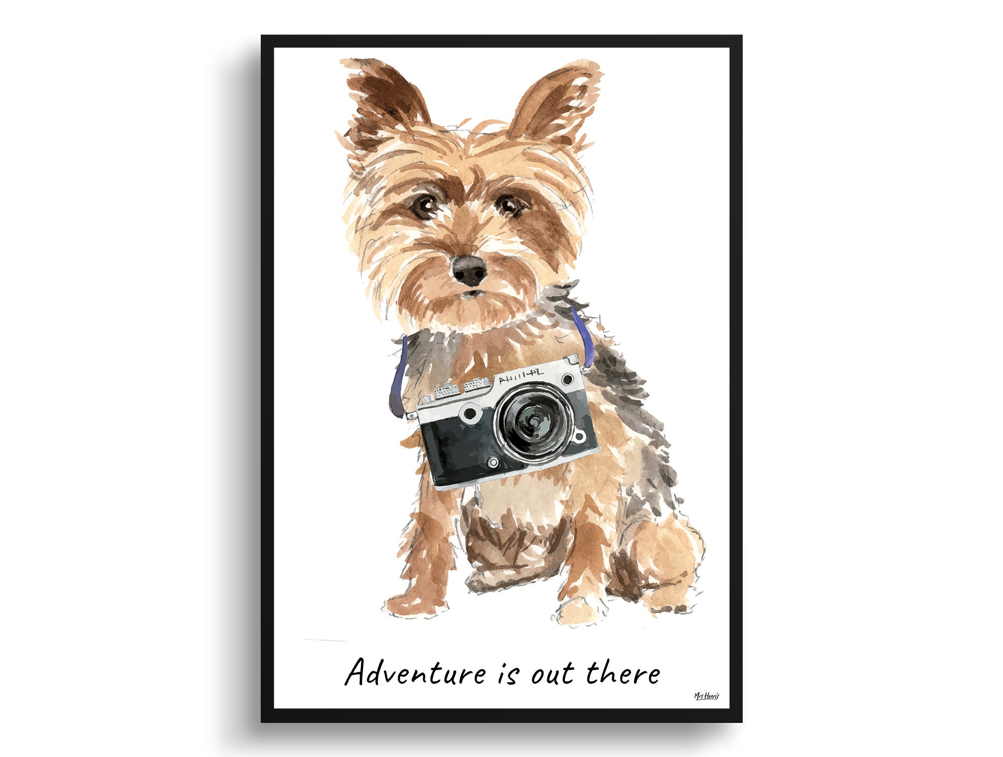 Adventure Is Out There Yorkshire Terrier Dog Print Illustration. Framed & Un-Framed Wall Art Options. Personalised Name