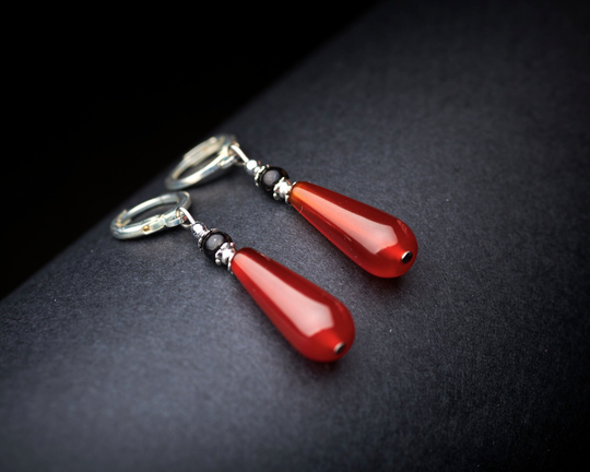 Genuine Untreated Red Orange Carnelian Teardrop Black Shungite Gemstone Sterling Silver Earrings. Russian Earrings