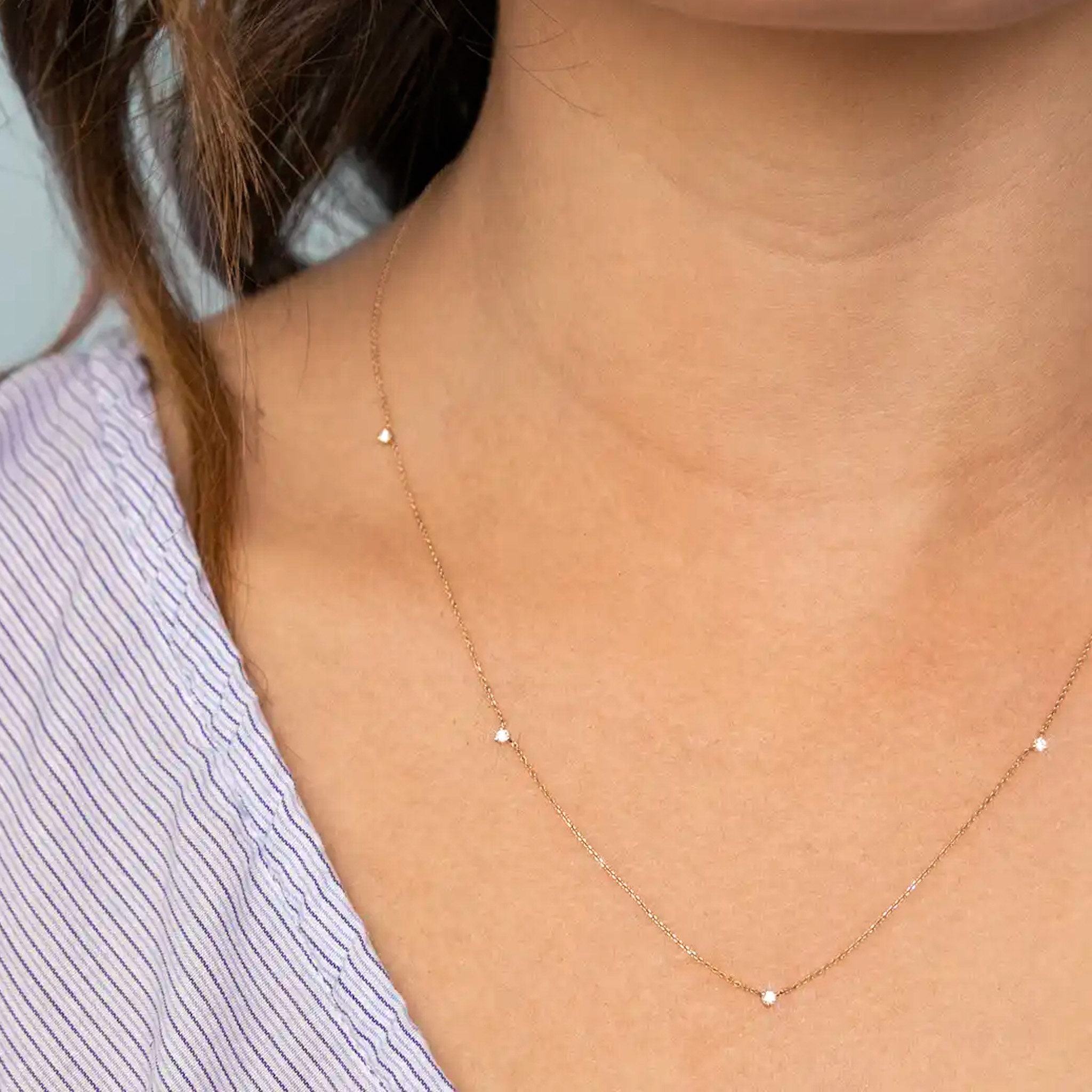 Diamond Station Necklace 14 K Solid Gold/Natural 5 Diamonds On Three Prong Setting Layering Diamond Everyday Jewelry