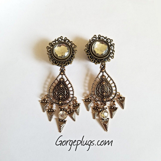 0G-1" Bronze Khalesi Dangle Plugs Gauges, Sold By Pair | 8mm-25mm 00G, 7/16, 1/2, 10mm, 12mm -Boho Gauges, Bohemian Plugs, Crystal Plugs