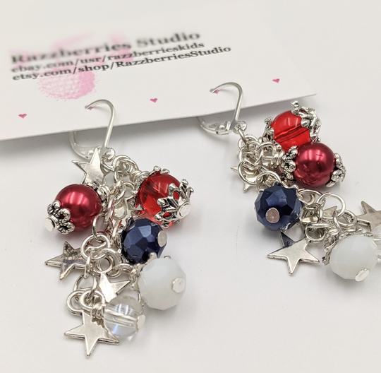 Oh Say Can You See Cluster Earrings Star Charms & Crystal Beads 925 Silver Leverback 4Th Of July