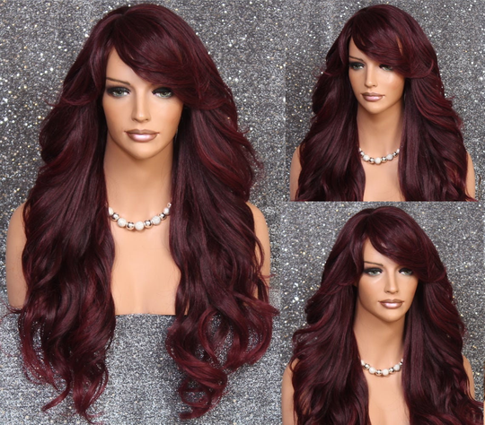 Burgundy Mix Human Hair Blend Full Wig With Bangs & Lovely Open Curls Long Luscious Cancer Alopecia Theater Cosplay