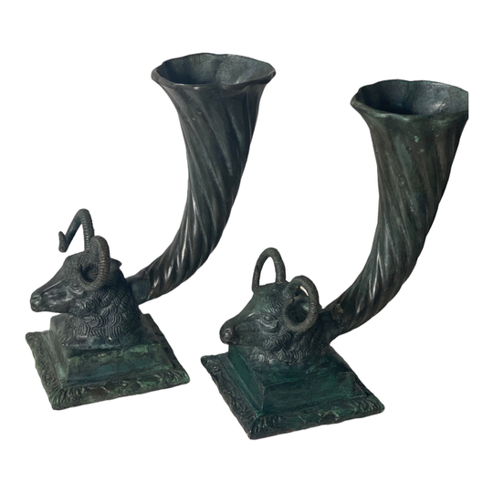 Vintage Ram's Head Cornucopia Vases, Neoclassical, Mantle Decor Ideas, Classic Fireplace Decor, Housewarming Gift, Heavy Bronze