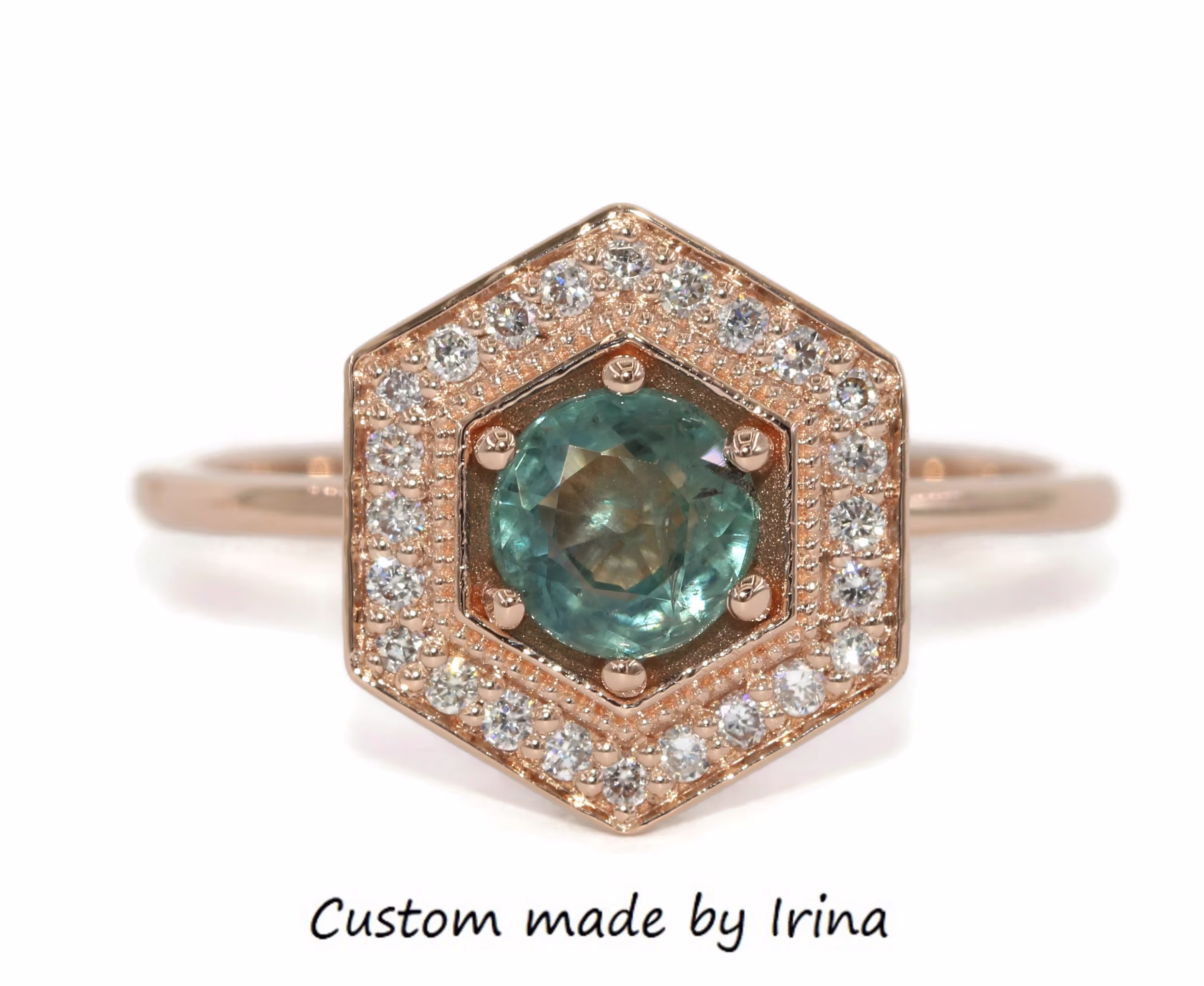 Hexagon Diamond Halo Teal Blue Green Montana Sapphire Ring 14K Rose Gold