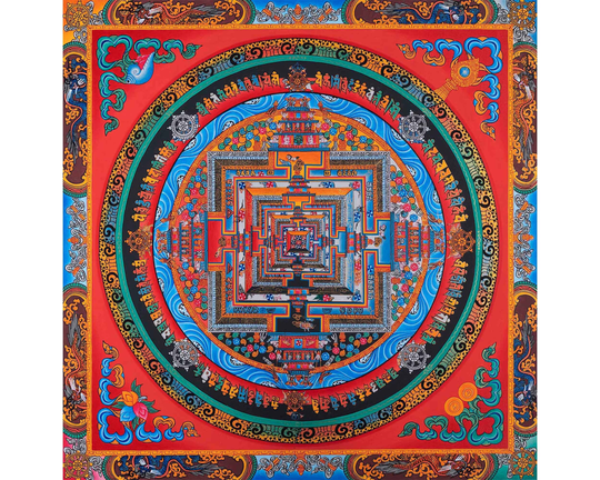 24K Gold Kalachakra Mandala Thangka | Red Color With Dragon Border Painting Tibetan Handpainted Artwork Religious Wall Hanging Decors