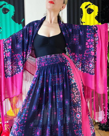 Rare Designer Gottex Vintage 1970's Piano Shawl & Skirt 2Pc Set With The Most Incredible Floral Heart Psychedelic Kaleidoscope Print, Made I