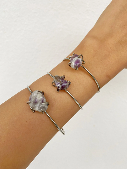 Raw Amethyst Silver Cuff Bracelet Healing Crystal Ring Bangle Birthstone February Gemstone