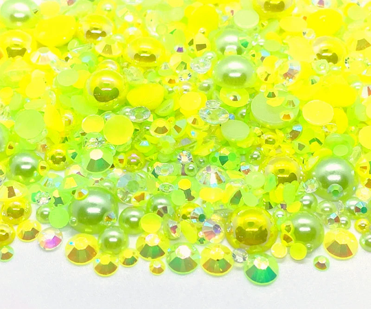 Key Lime Pie Blend Rhinestone Mix 2mm-10mm Flatback Jelly Resin | Faux Pearls Rhinestones Mixed Sizes, Green Yellow