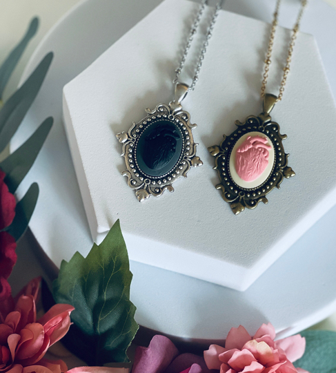 Anatomical Heart Cameo Pendant Necklace, Gothic Cameo, Victorian Bronze Or Silver Setting