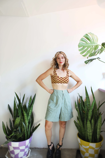 Vintage 1990S Gap Small 26" Waist Light Sage Green High Rise Shorts/Linen Blend - Minimalist