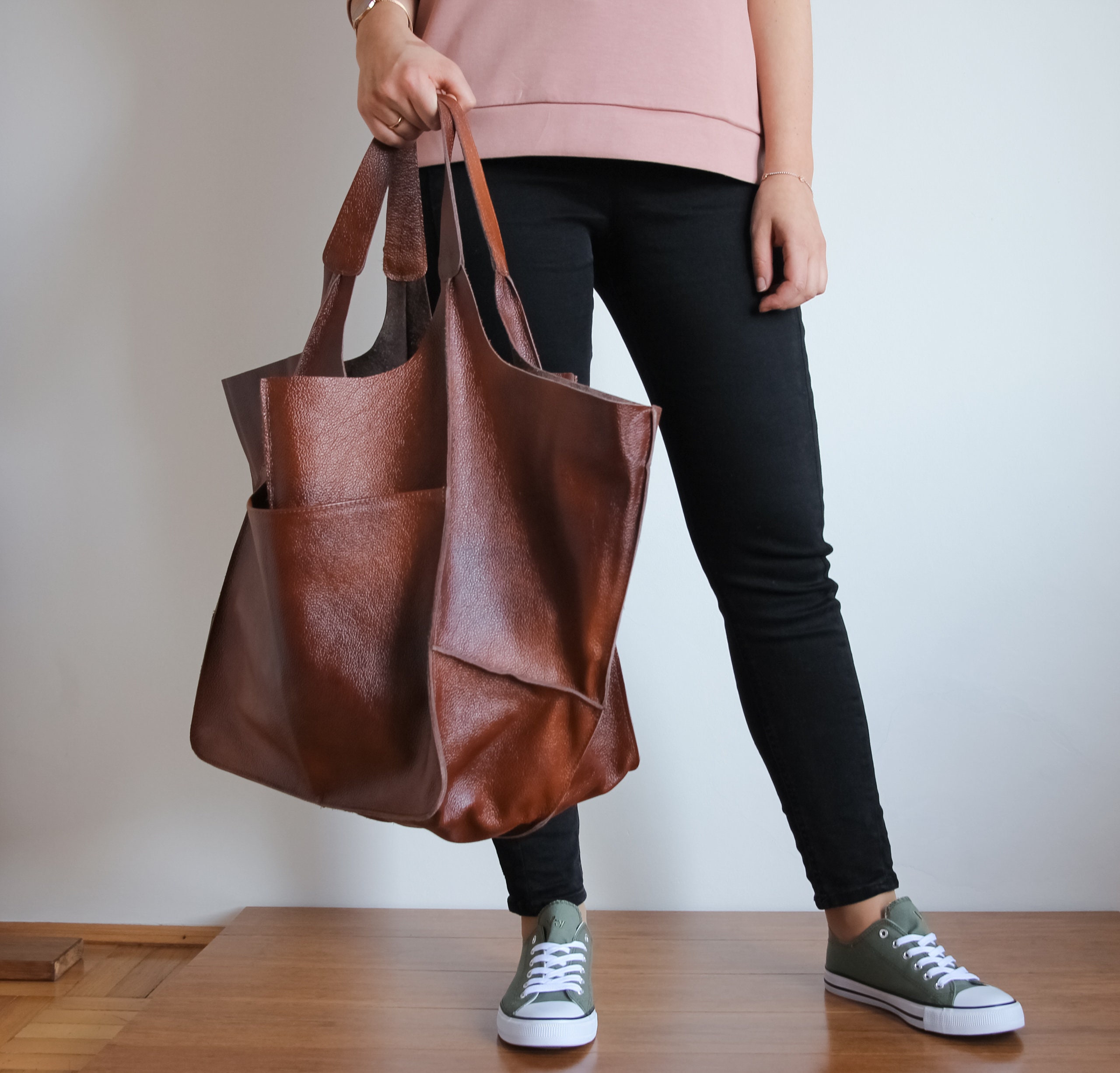 Oversize Weekender Bag, Large Leather Tote, Everyday Foldover Bag, Cognac Brown Handbag Women, Shoulder Hobo Bag Aa