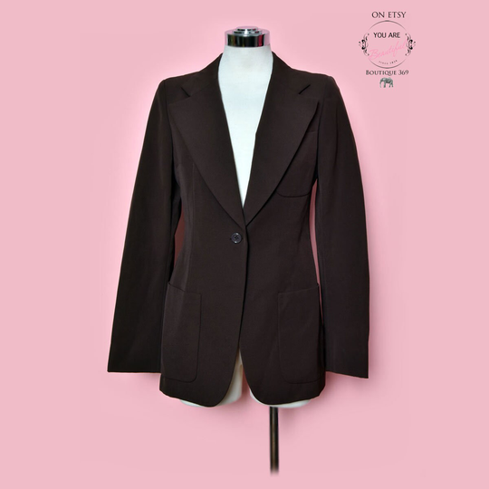 Alan Austin Gaberdine Brown Blazer Jacket Vintage 1970's Designer Coat France, Dark Wool Fitted Riding Jacket, Size 6, Small