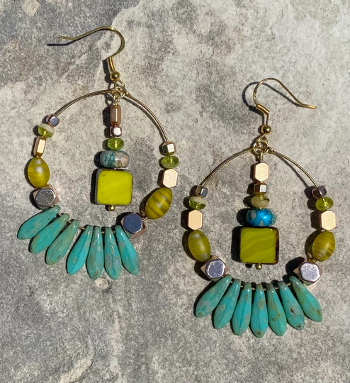 Mediterranean Beach Boho Green Turquoise & Picasso Glass Mixed Bead Hoop Earrings